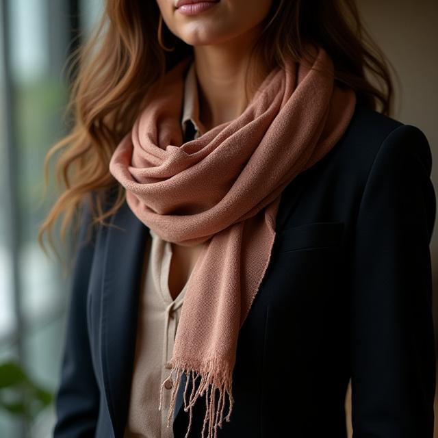 Detalle de un rebozo usado como accesorio en un look de oficina