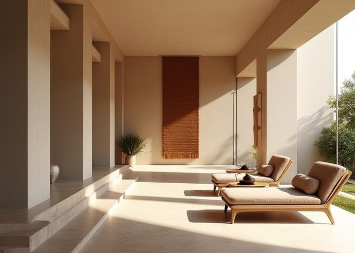 Vista del lobby del Hotel Escondido en Oaxaca, con piezas textiles y de cerámica creadas por Trama y Taza.