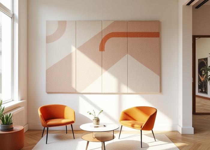 Área de coworking de WeWork con paneles acústicos textiles de diseño moderno, creados por Trama y Taza.