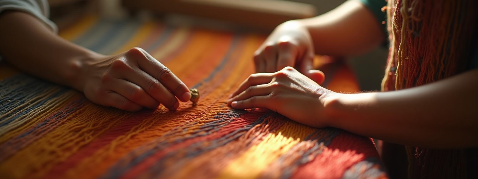 Primer plano de manos de artesana trabajando con hilos de colores vibrantes en un telar tradicional