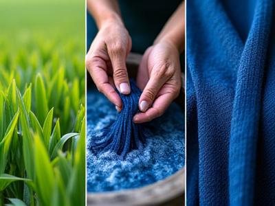 Plantas de añil en un campo, manos procesando las hojas para extraer el pigmento y un textil teñido de azul índigo profundo.