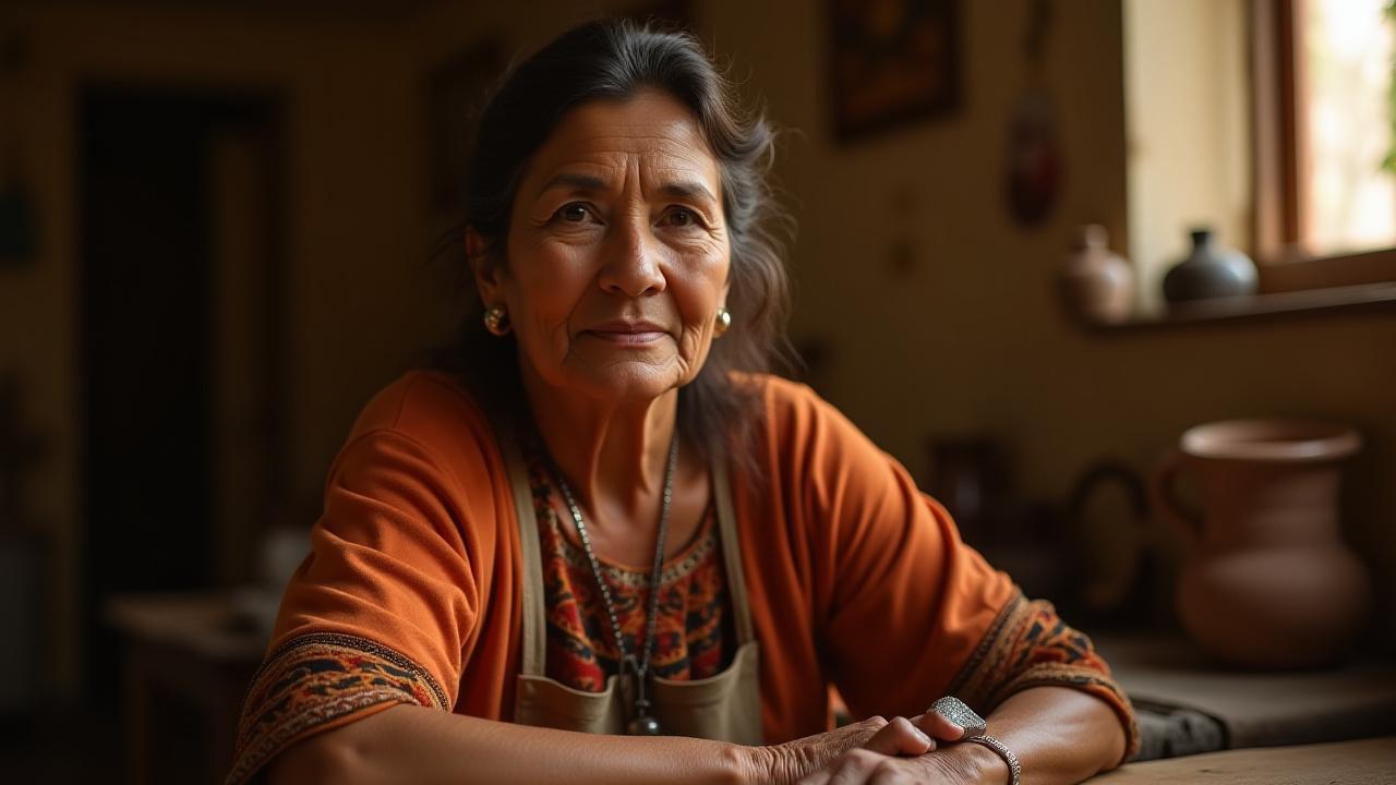 Retrato poderoso de una maestra artesana en su taller, mirando al frente con confianza.