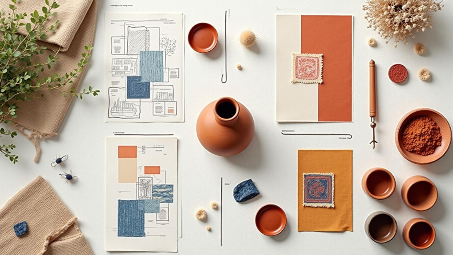 Moodboard de diseño colaborativo con textiles, bocetos y paletas de colores junto a una pieza artesanal terminada.