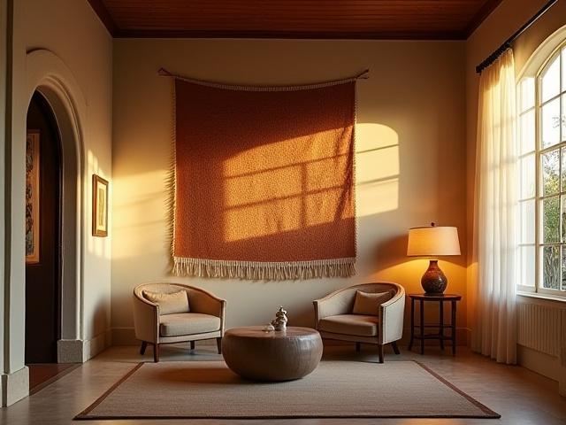 Lobby de hotel boutique con textiles teñidos naturalmente y mobiliario artesanal